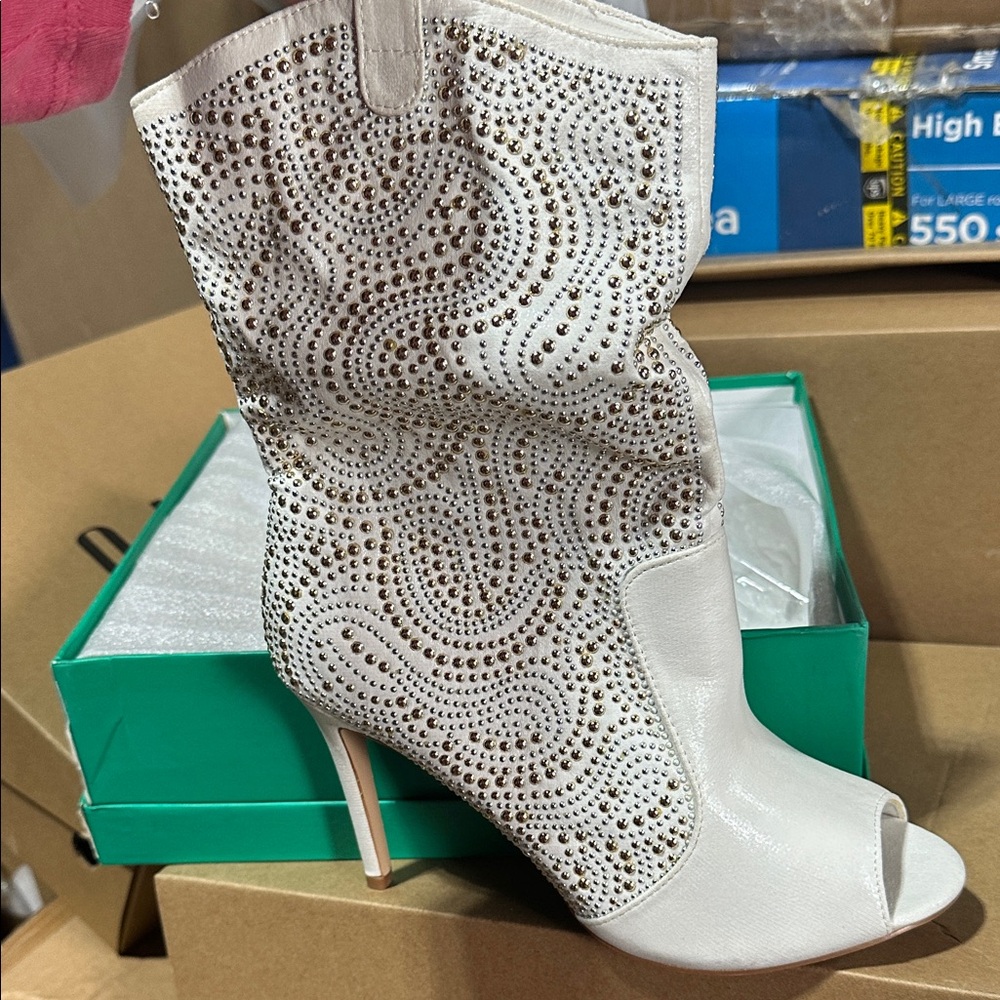 Chic White and Gold Studded Women's Peep-Toe Boots